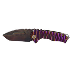 Medford Genesis T S45VN Vulcan With Silver Lightning Jimped Spine Tanto Blade Violet To Bronze Lightning Handles Bronze Pin With Silver Flats Bronze Hardware Bronze With Silver Pinstripe Clip and NP3 Breaker Front Side Open