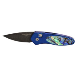 Pro-Tech Knives Sprint Vegas Herringbone Damascus Blade Anodized Blue Titanium Frame with Abalone Inlay Milled Titanium Clip Abalone Push Button Front Side Open
