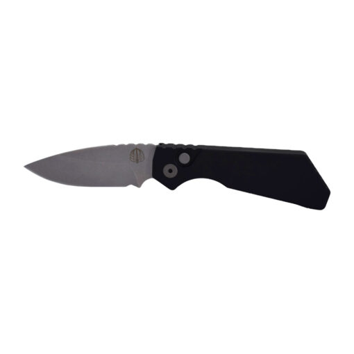 Pro-Tech Strider PT+ Auto Stonewashed Drop Point MagnaCut Blade With Solid Black Handles Front Side Open