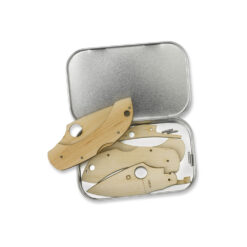 Spyderco Wooden Kit Dragonfly Open Tin Showing Parts Of The DIY Kit