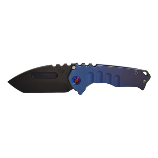 Medford Genesis T S45VN PVD Tanto Blade With Blue To Violet Multi Etched Handles Flamed Hardware With Brushed Pen Flamed Hardware And PVD Breaker Front Side Open