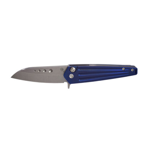 Medford Nosferatu Flipper Tumbled S35VN Sheepsfoot Blade Blue Titanium Handles Standard Hardware and Clip with a Gray Spacer Front Side Open