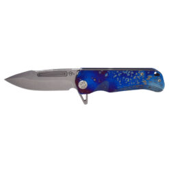 Medford Proxima Flipper Tumbled S35VN Blade with a Faced and Flamed Galaxy Handle with Blue Spring Standard Hardware and a Brushed Flamed Galaxy Clip Front Side Open