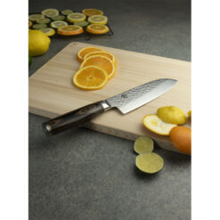 Shun Premier Santoku 7 Inch Damascus VG-MAX Fixed Blade Ebony Pakkawood Handle with Sliced Lemons and Limes