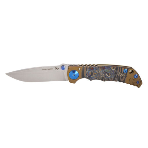 a Spartan Blades Harsey Folder 4" CPM S45VN Blade Steel Special Edition Dragon with a blue handle on a white background.