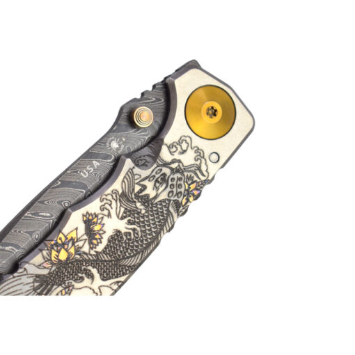Spartan Blades Harsey Folder 4" Chad Nichols Damascus Blade Steel Special Edition Koi Fish Front Side Handle Close Up