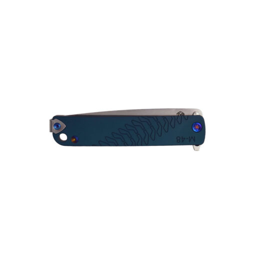 Medford M-48 Tumbled S45VN Blade Teal Handle Tumbled Spring Flamed Hardware Standard Clip Front Side Closed
