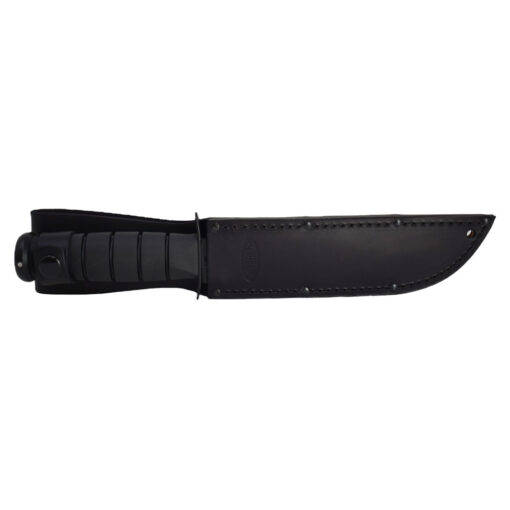 KA-BAR Knives Fighting Knife Black 1095 Clip Point Blade With Partial Serration Black Handle and Black Leather Sheath Front Side With Sheath