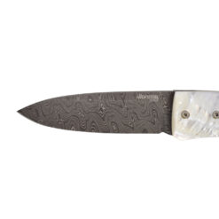 Opera Chad Nichols Damascus Drop-Point Blade with Mother of Pearl and Abalone Handle with Compression Lock Blade Close Up