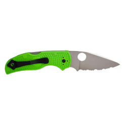 Spyderco Native 5 Salt LC200N Fully Serrated Satin Drop Point Green FRN Textured Handle Back Side Open