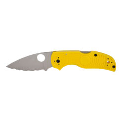 Native 5 Salt Satin MagnaCut Fully Serrated Drop Point FRN Yellow Textured Handle Black Hardware and Lockback Front Side Open