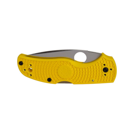 Native 5 Salt Satin MagnaCut Fully Serrated Drop Point FRN Yellow Textured Handle Black Hardware and Lockback Front Side Closed