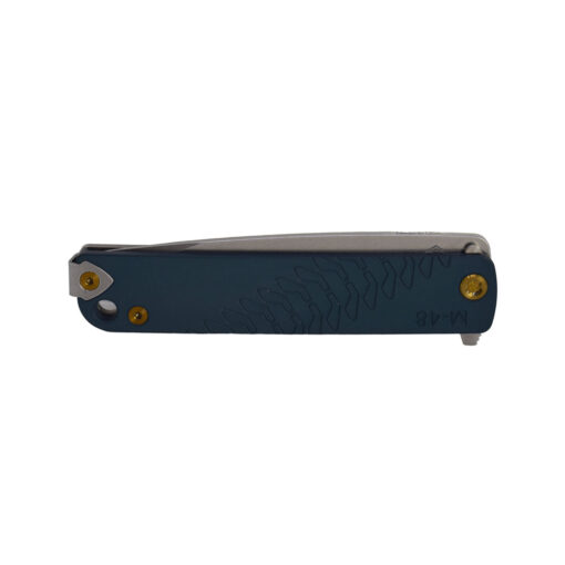 Medford M-48 S45VN Tumbled Blade Blue Handle Tumbled Spring Bronze Hardware and a Standard Clip Front Side Closed