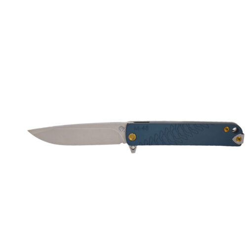 Medford M-48 S45VN Tumbled Blade Blue Handle Tumbled Spring Bronze Hardware and a Standard Clip Front Side Open