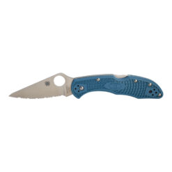 Spyderco Delica 4 Satin K390 Fully Serrated Blade with Blue FRN Handles Front Side Open