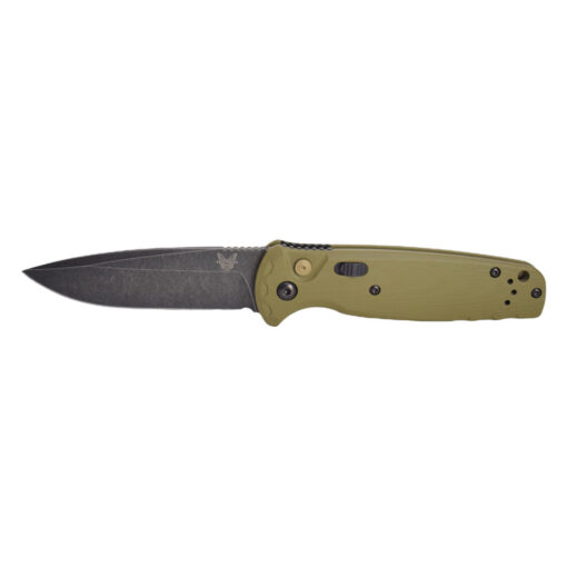 Benchmade 4300BK-02 CLA Auto CPM MagnaCut Drop Point Blade OD Green G10 Handle Front Side Open