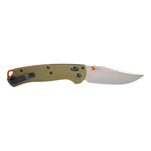 Benchmade Taggedout15536 Satin CPM-S45VN Clip Point Blade OD Green G10 Handle Back Side Open