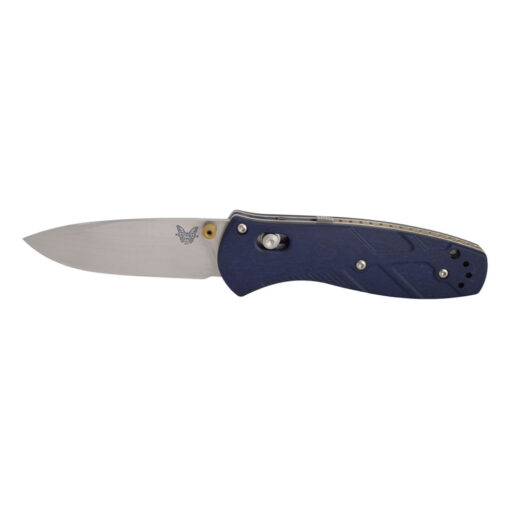 Benchmade 585-03 Mini Barrage Satin CPM-S30V Drop Point Blade Blue Canyon Richlite Handle Front Side Open