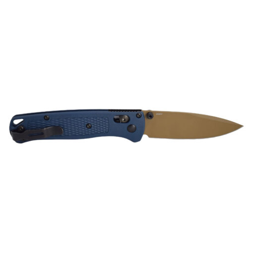 Benchmade Bugout AXIS Lock S30VN Flat Dark Earth Cerakote Drop Point Blade Crater Blue Grivory Handle Back Side Open