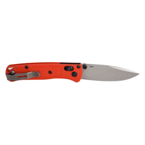 Benchmade Mini Bugout S30VN Satin Drop Point Mesa Red Grivory Handles Back Side Open