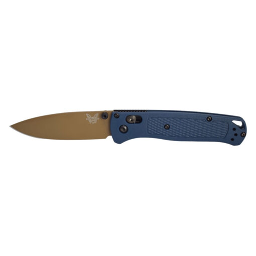 Benchmade Bugout AXIS Lock S30VN Flat Dark Earth Cerakote Drop Point Blade Crater Blue Grivory Handle Front Side Open