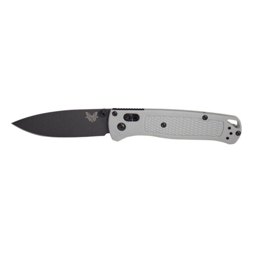 Benchmade Bugout AXIS Lock S30VN Cobalt Black Cerakote Drop Point Blade Storm Gray Grivory Handles Front Side Open