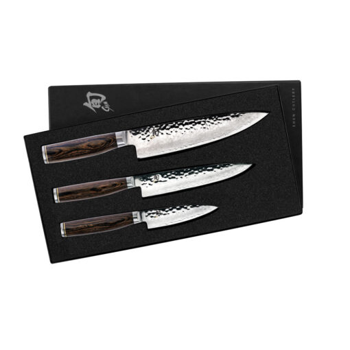 Shun Premier 3 Piece Starter Set With Hammered Tsuchime Damascus Clad VG-Max Core Blades and Walnut Pakkawood Handles Top to Bottom Chef's Knife Utility Knife and Paring Knife
