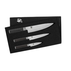 Shun Classic 3 Piece Starter Set with Damascus Clad VG-Max Core Blades Ebony and Pakkawood Handles Top to Bottom Chef's Knife Utility Knife and a Paring Knife