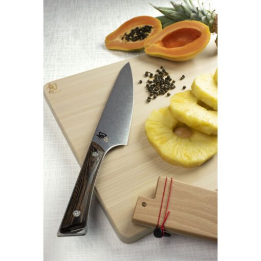 Shun Kanso 8 Inch Stonewashed Chef's Knife with Tagayasan Handle with Papaya and Pineapple