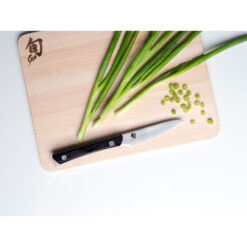 Shun Kazahana Satin 3.5 Inch Paring Knife with Polished Black Pakkawood Handle Chopped Onion