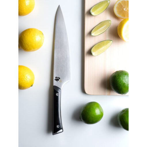 Shun Kazahana 8 Inch Satin Chef's Knife with Polished Black Pakkawood Handle with Lemons and Limes